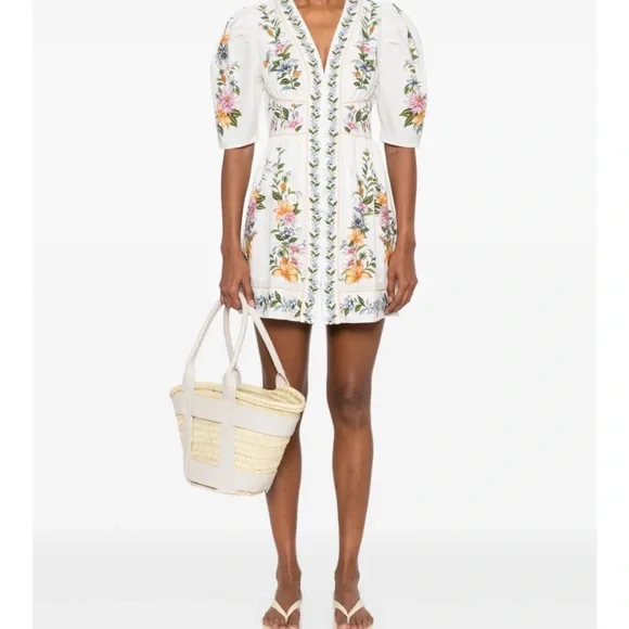 FARM Rio Sweet Bloom Dreamscape Off-White Organic Cotton Mini Dress - Picture 2 of 5